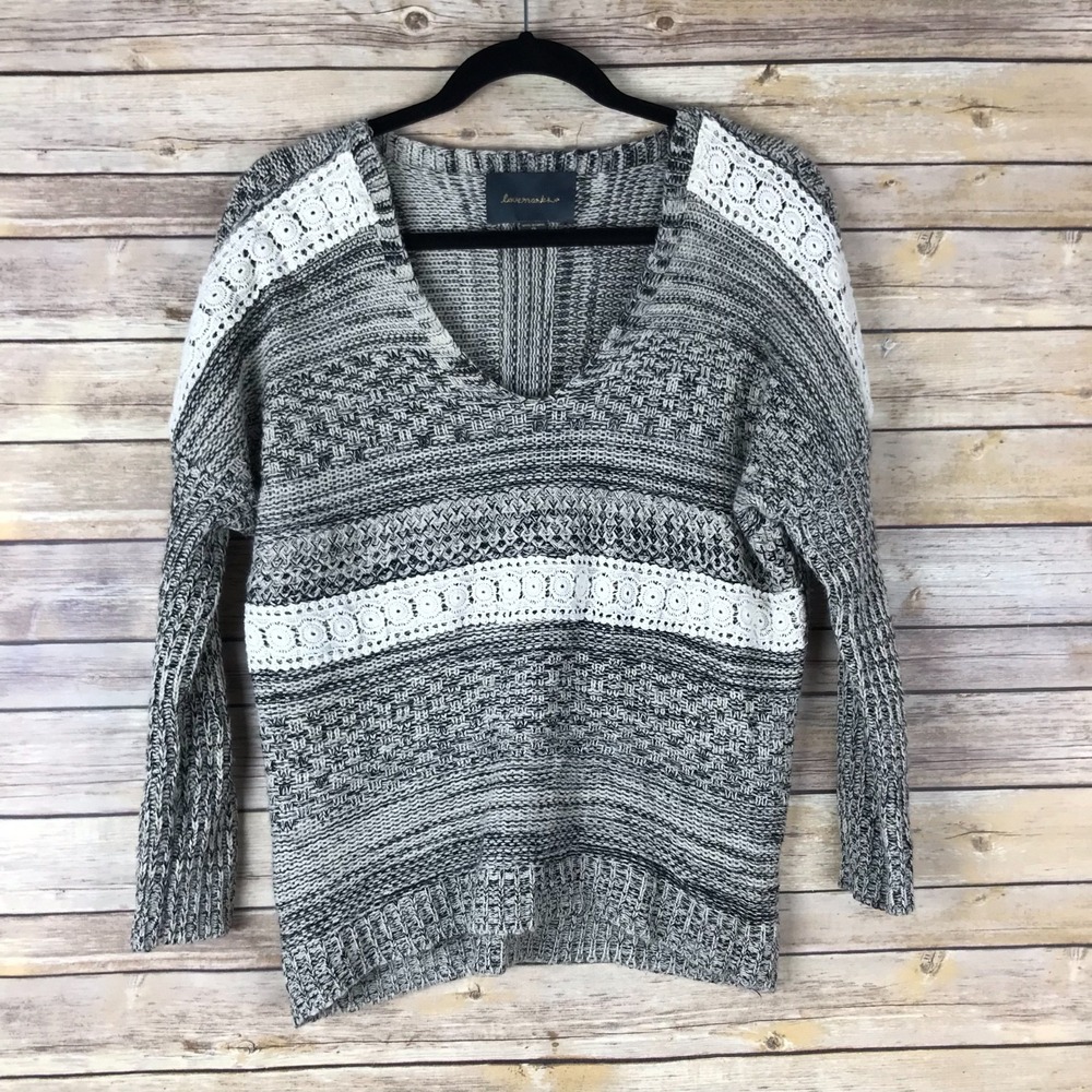 Lovemarks Sweater Womens XS Acrylic Cotton V-Neck Crochet Trim Pullover Marled